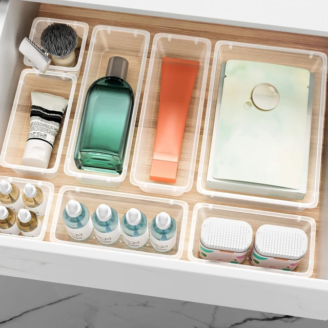 Alt view image 5 of 6 - 12 PCS Drawer Organizer Set, Makeup Organizers, Tool Storage Trays, Clear | 4 Sizes, Plastic, Stackable, Desk Drawer Divider Organizers, for Bathroom Vanity, Makeup, Office Supplies Storage