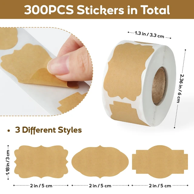 Alt view image 2 of 7 - Kraft Brown Mason Jar & Bottle Label Stickers, 2"x1.2", 300PCS | Blank Kraft Labels, Writable for Jars, Bottles, Gift Wrapping, Food Storage & Crafts, Peel & Stick, Vintage Brown, 3 Designs
