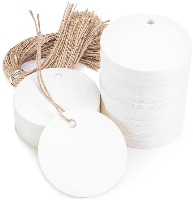 Main image of White Round Gift Tags with String, 120 Pack 2 inch | 300 GSM Cardstock, Pre-Punched Design, Natural Jute String, Retail Labels and Wedding Favors
