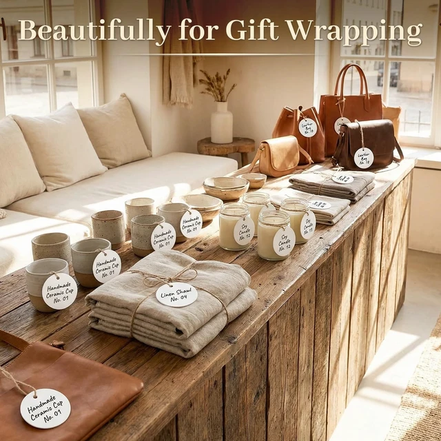 Alt view image 5 of 5 - White Round Gift Tags with String, 120 Pack 2 inch | 300 GSM Cardstock, Pre-Punched Design, Natural Jute String, Retail Labels and Wedding Favors