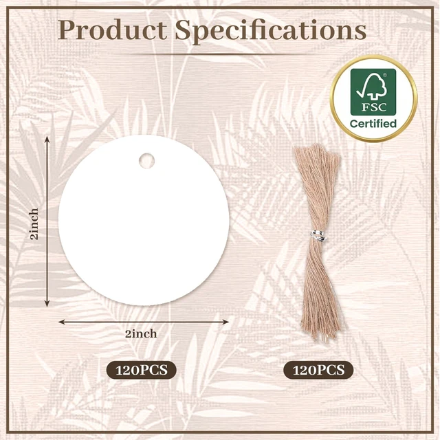 Alt view image 4 of 5 - White Round Gift Tags with String, 120 Pack 2 inch | 300 GSM Cardstock, Pre-Punched Design, Natural Jute String, Retail Labels and Wedding Favors