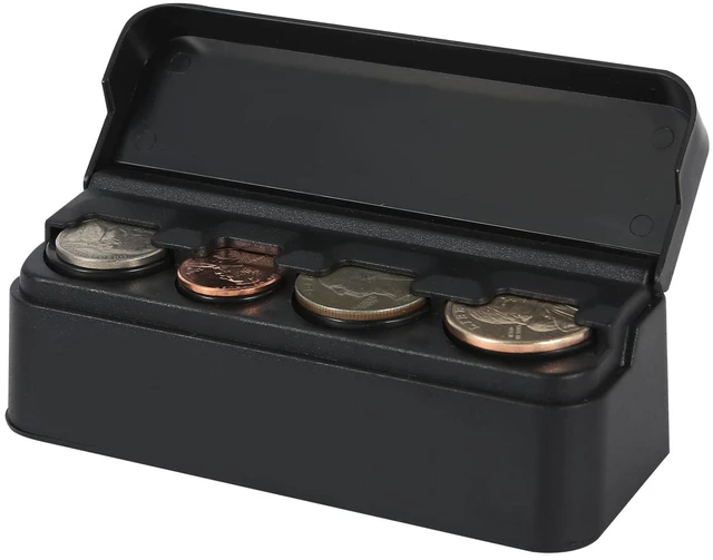 Main image of Coin Holder for Car Change Organizer Storage Money Dispenser Trucks Accessories Box, Mini Organize Coins Case Box Classic Black Premium Plastic Container Quality (Quarter, Dimes) Sorter Lid Car