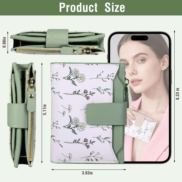 Alt view image 4 of 6 - Small Womens Wallet-soft Leather RFID Blocking Bifold Zipper Pocket Credit Card Purse-Floral Pattern Wallet with ID Window (green)