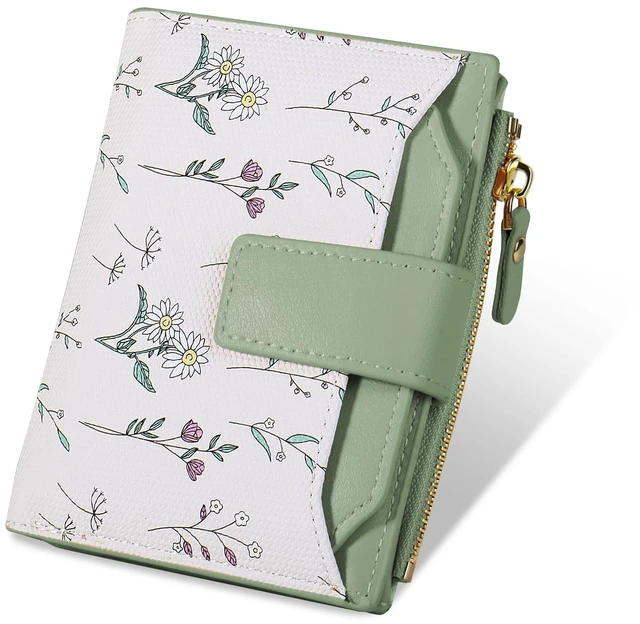 Main image of Small Womens Wallet-soft Leather RFID Blocking Bifold Zipper Pocket Credit Card Purse-Floral Pattern Wallet with ID Window (green)