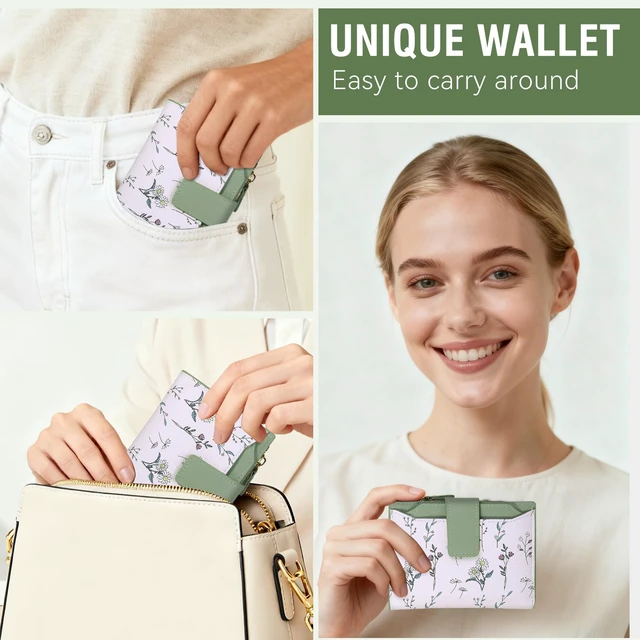 Alt view image 6 of 6 - Small Womens Wallet-soft Leather RFID Blocking Bifold Zipper Pocket Credit Card Purse-Floral Pattern Wallet with ID Window (green)