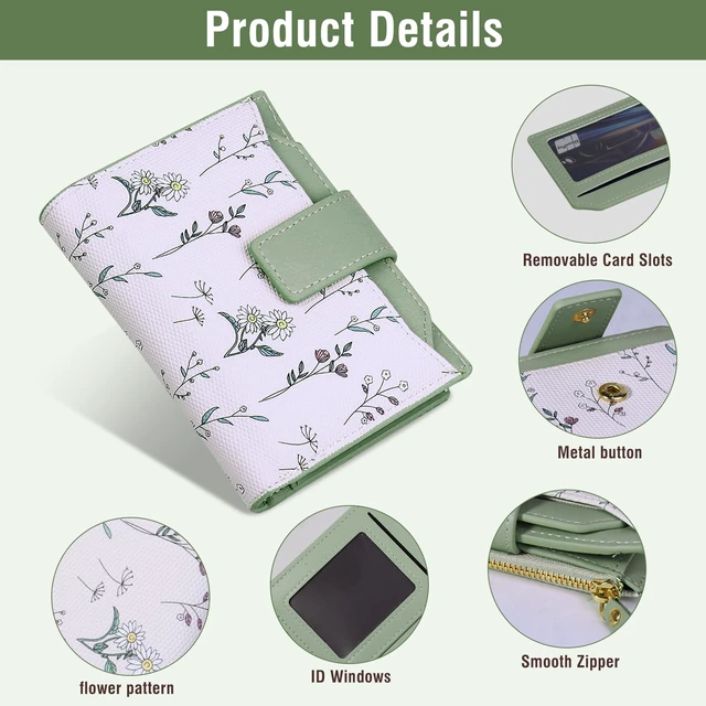 Alt view image 3 of 6 - Small Womens Wallet-soft Leather RFID Blocking Bifold Zipper Pocket Credit Card Purse-Floral Pattern Wallet with ID Window (green)
