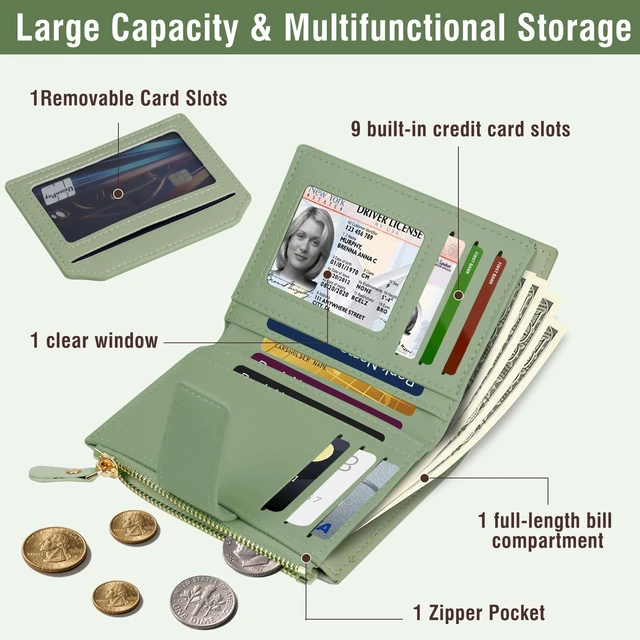 Alt view image 2 of 6 - Small Womens Wallet-soft Leather RFID Blocking Bifold Zipper Pocket Credit Card Purse-Floral Pattern Wallet with ID Window (green)