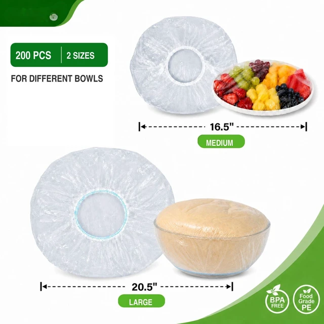 Alt view image 3 of 3 - 200PCS Plastic Bowl Covers, 2 Sizes Bowl Covers for Bread Proofing | BPA-Free Plastic Wrap for Food, Elastic Food Covers, Reusable Bowl Covers for Trays, Plates, Sourdough Bowls, Large Bowls