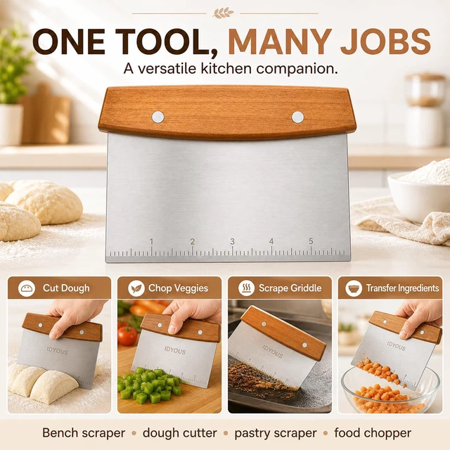 Alt view image 4 of 7 - Bench Scraper and Dough Cutter, Stainless Steel Bread Cutter | Measurement Marks, Kitchen Tool for Flat Top Grill, Bread, Pizza and Baking