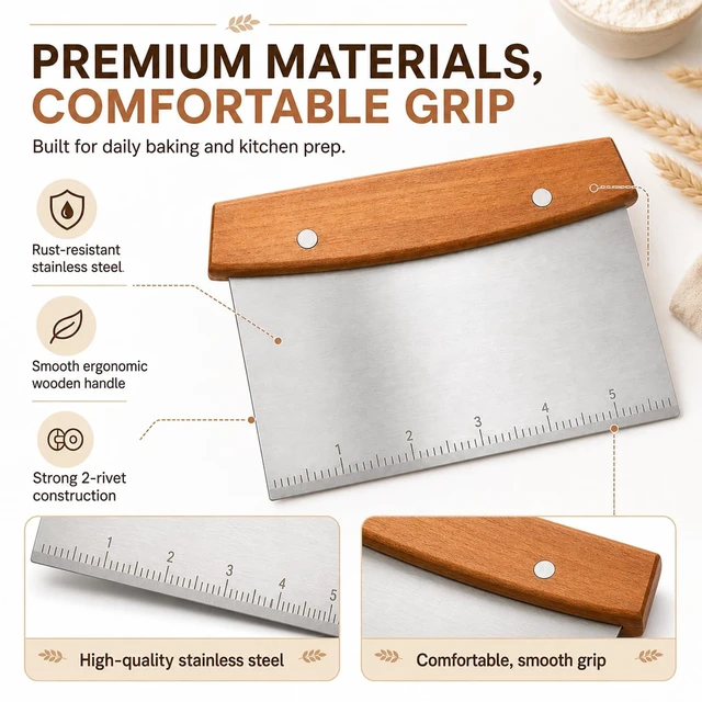 Alt view image 3 of 7 - Bench Scraper and Dough Cutter, Stainless Steel Bread Cutter | Measurement Marks, Kitchen Tool for Flat Top Grill, Bread, Pizza and Baking