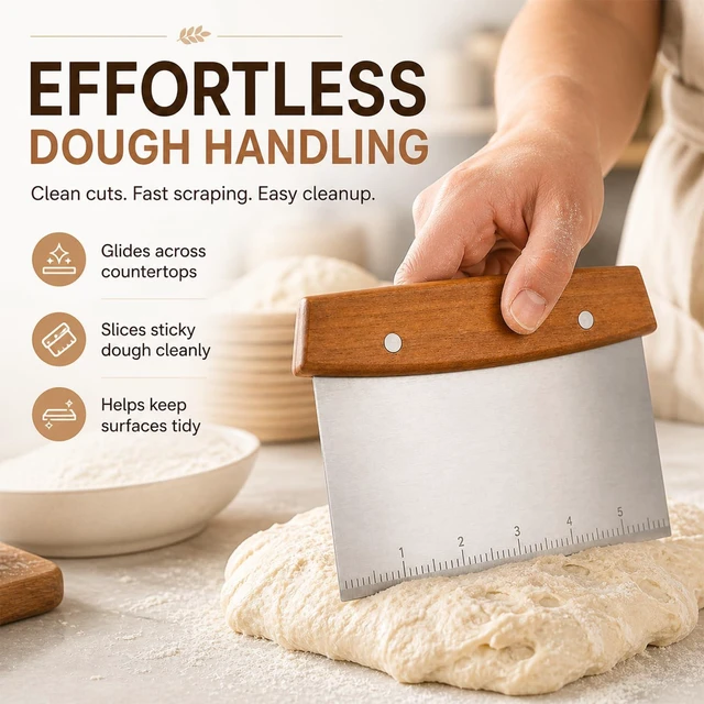 Alt view image 5 of 7 - Bench Scraper and Dough Cutter, Stainless Steel Bread Cutter | Measurement Marks, Kitchen Tool for Flat Top Grill, Bread, Pizza and Baking