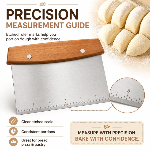 Alt view image 2 of 7 - Bench Scraper and Dough Cutter, Stainless Steel Bread Cutter | Measurement Marks, Kitchen Tool for Flat Top Grill, Bread, Pizza and Baking