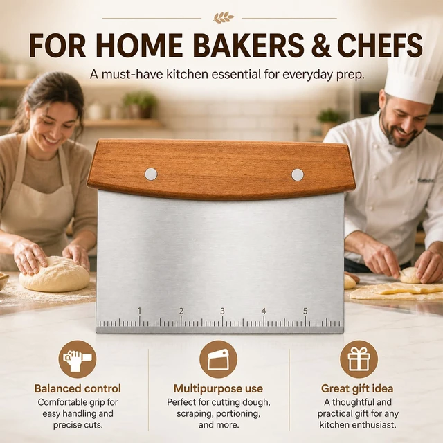 Alt view image 7 of 7 - Bench Scraper and Dough Cutter, Stainless Steel Bread Cutter | Measurement Marks, Kitchen Tool for Flat Top Grill, Bread, Pizza and Baking