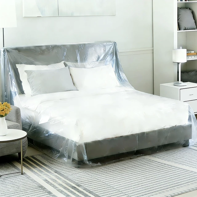 Main image of Plastic Bed Cover - Waterproof Furniture Sofa Couch Protector from Cat Full Extra Large King Queen Bed Storage Dust Cover for Moving