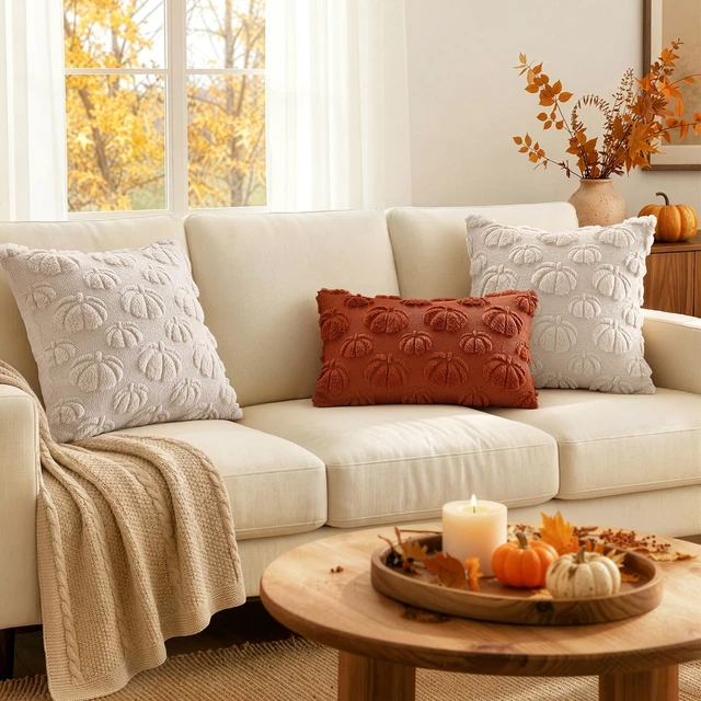 Alt view image 3 of 7 - Fall Decor Pillow Covers 18x18 Set of 2 Pumpkin Beige | Fall Decorations for Home, Soft Plush Faux Fur Pumpkin Pillow Covers, Thanksgiving Autumn Harvest Couch Bedroom Living Room