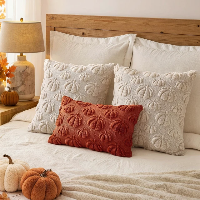 Alt view image 4 of 7 - Fall Decor Pillow Covers 18x18 Set of 2 Pumpkin Beige | Fall Decorations for Home, Soft Plush Faux Fur Pumpkin Pillow Covers, Thanksgiving Autumn Harvest Couch Bedroom Living Room