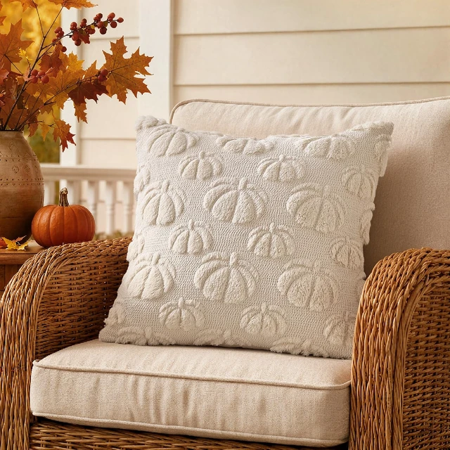 Alt view image 5 of 7 - Fall Decor Pillow Covers 18x18 Set of 2 Pumpkin Beige | Fall Decorations for Home, Soft Plush Faux Fur Pumpkin Pillow Covers, Thanksgiving Autumn Harvest Couch Bedroom Living Room