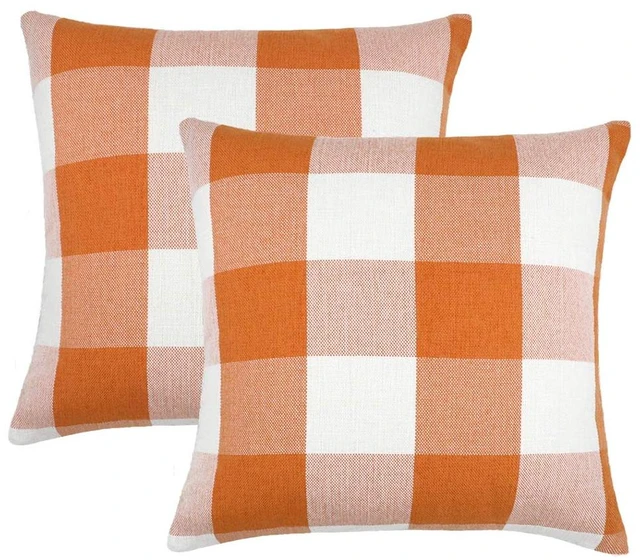 Main image of Set of 2 Farmhouse Buffalo Check Plaid Throw Pillow Covers Cushion Case Polyester Linen for Fall Home Decor Orange and White, 18 x 18 Inches
