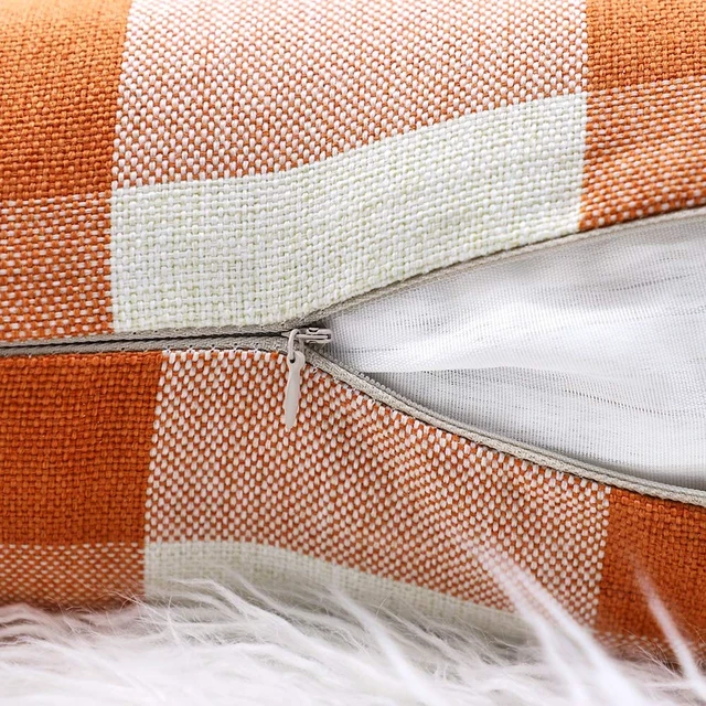Alt view image 4 of 7 - Set of 2 Farmhouse Buffalo Check Plaid Throw Pillow Covers Cushion Case Polyester Linen for Fall Home Decor Orange and White, 18 x 18 Inches