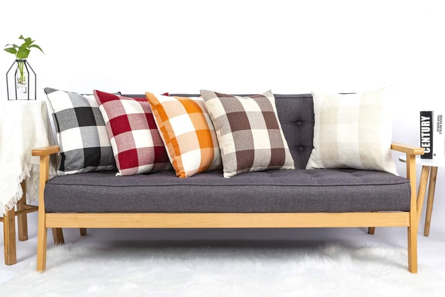 Alt view image 7 of 7 - Set of 2 Farmhouse Buffalo Check Plaid Throw Pillow Covers Cushion Case Polyester Linen for Fall Home Decor Orange and White, 18 x 18 Inches