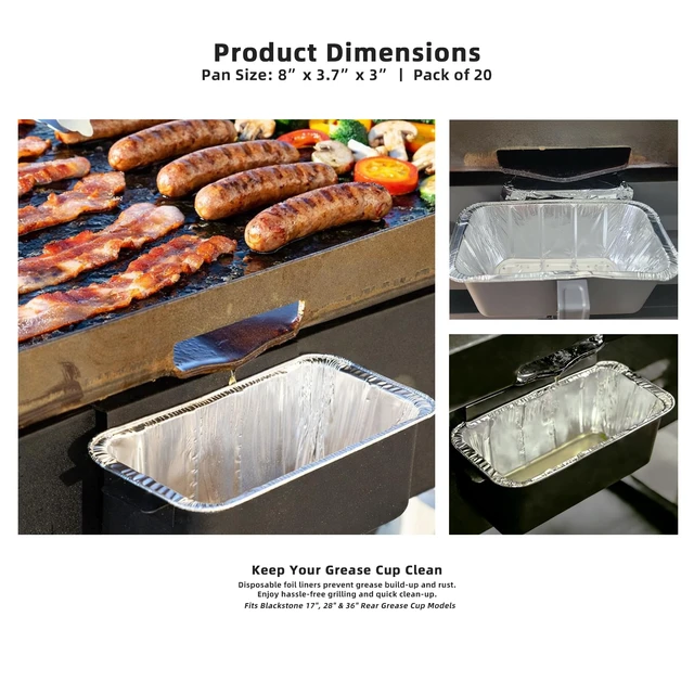 Alt view image 4 of 7 - Grease Cup Liners for Blackstone Griddles, Rear Tray, 20 Pack | Disposable aluminum foil drip pan liners for 17, 22, 28 and 36 in Blackstone rear grease trays.