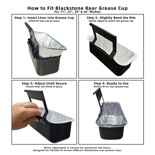 Alt view image 6 of 7 - Grease Cup Liners for Blackstone Griddles, Rear Tray, 20 Pack | Disposable aluminum foil drip pan liners for 17, 22, 28 and 36 in Blackstone rear grease trays.