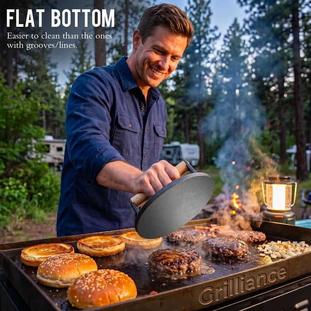 Alt view image 4 of 6 - Smash Burger Press Kit, Cast Iron Flat Round Hamburger Smasher 6.6"