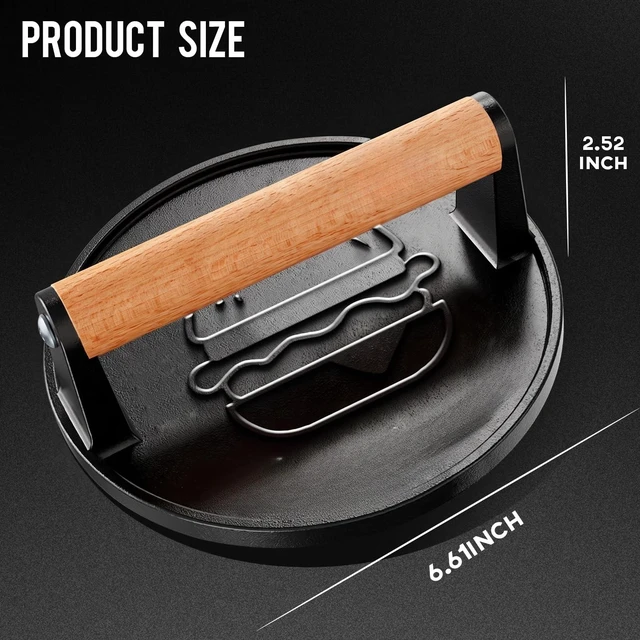 Alt view image 2 of 6 - Smash Burger Press Kit, Cast Iron Flat Round Hamburger Smasher 6.6"