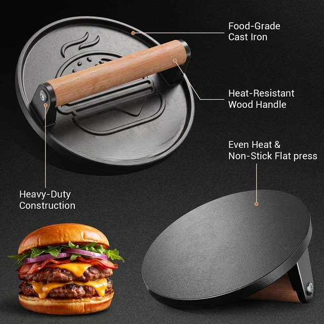 Alt view image 3 of 6 - Smash Burger Press Kit, Cast Iron Flat Round Hamburger Smasher 6.6"