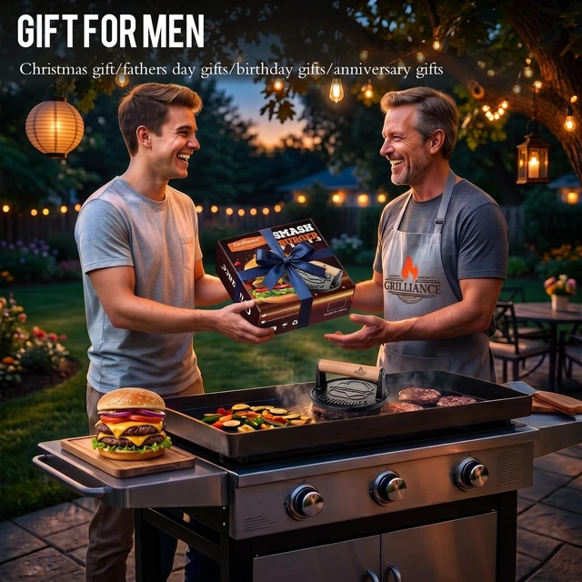 Alt view image 6 of 6 - Smash Burger Press Kit, Cast Iron Flat Round Hamburger Smasher 6.6"
