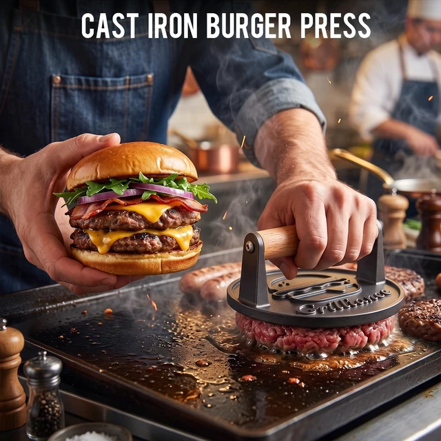 Alt view image 5 of 6 - Smash Burger Press Kit, Cast Iron Flat Round Hamburger Smasher 6.6"