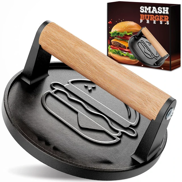 Main image of Smash Burger Press Kit, Cast Iron Flat Round Hamburger Smasher 6.6"
