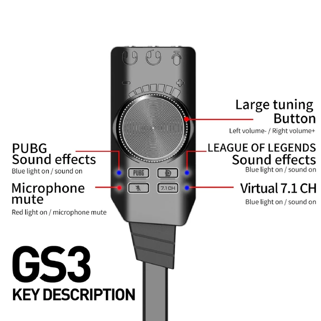 Alt view image 6 of 7 - Erchineko USB Sound Card 7.1 Surround Sound Adapter USB Audio Adapter External Card with Volume Control Mic Mute Game Effects for PC Laptop Desktop