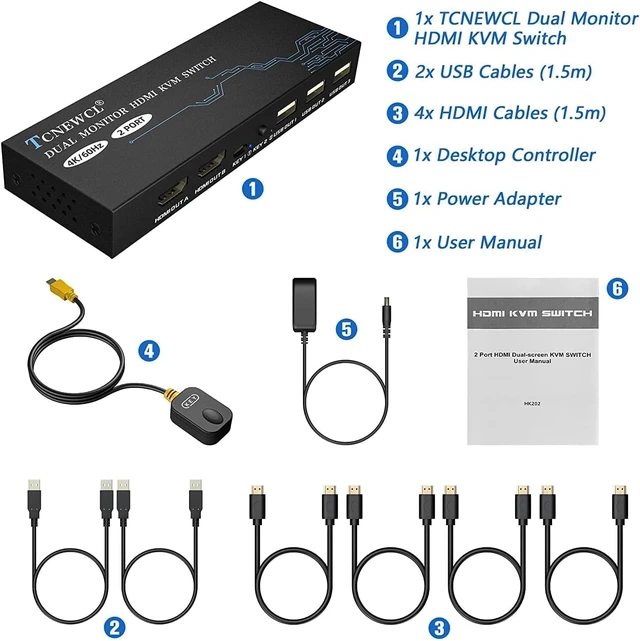 Alt view image 6 of 6 - TCNEWCL Dual Monitor KVM Switch 4K@60Hz with 4 HDMI Cables and 2 USB Cables Included, 4K KVM for 2 Monitor 2 Computer PC