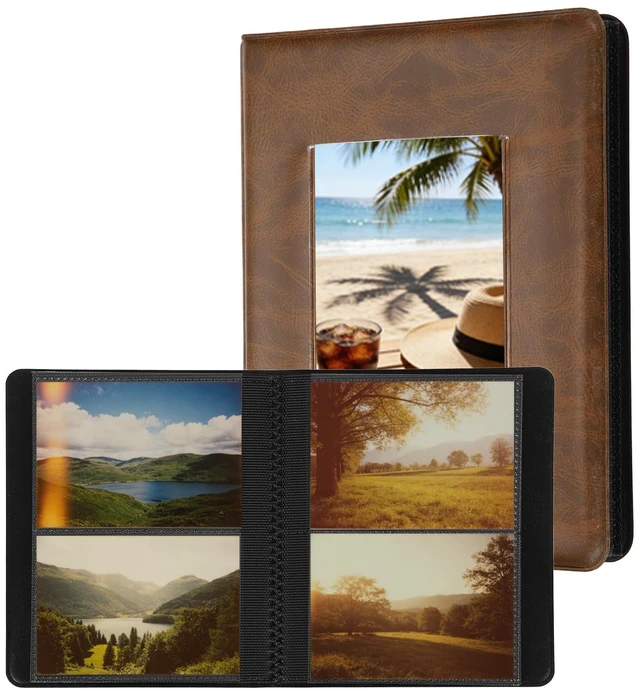 Main image of 64 Pockets Vintage Photo Album Photocard Holder 5.8"x4.5" Dark Brown | 16 Pages Retro PU Leather Instant Camera Album Picture Book Organizer for Weddings Travel Family