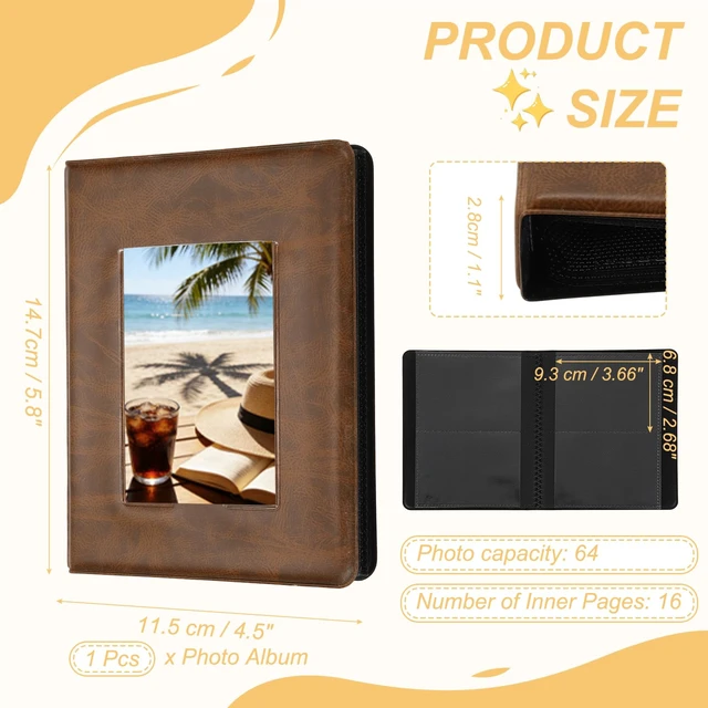 Alt view image 2 of 7 - 64 Pockets Vintage Photo Album Photocard Holder 5.8"x4.5" Dark Brown | 16 Pages Retro PU Leather Instant Camera Album Picture Book Organizer for Weddings Travel Family