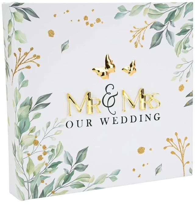 Main image of White Wedding Photo Album with Shiny Gold 3D Mr and Mrs Letters and Green Floral Decoration | 50 Photographs 4" x 6"