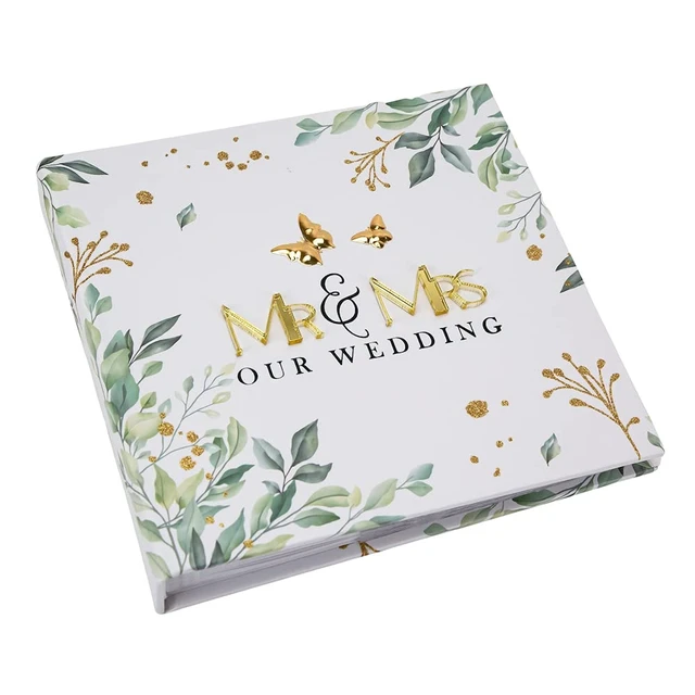 Alt view image 3 of 3 - White Wedding Photo Album with Shiny Gold 3D Mr and Mrs Letters and Green Floral Decoration | 50 Photographs 4" x 6"