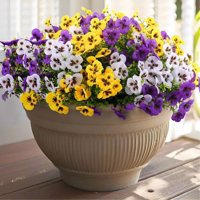 Main image of 18 Pcs Artificial Fake Pansy Flowers for Outdoor, Faux Silk Pansies Spring Flowers for Outside for Planter Front Door Porch Yard Patio Window Box Home Decor (18, Purple, Yellow, White)