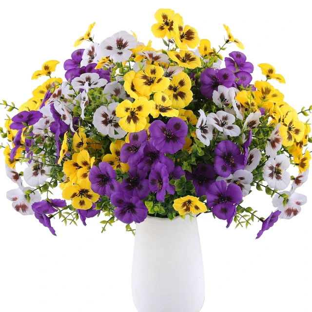 Alt view image 3 of 7 - 18 Pcs Artificial Fake Pansy Flowers for Outdoor, Faux Silk Pansies Spring Flowers for Outside for Planter Front Door Porch Yard Patio Window Box Home Decor (18, Purple, Yellow, White)