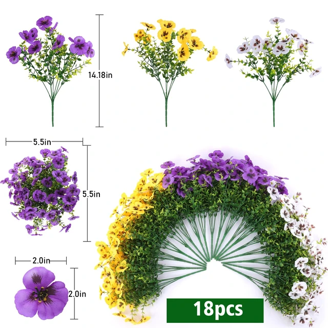 Alt view image 2 of 7 - 18 Pcs Artificial Fake Pansy Flowers for Outdoor, Faux Silk Pansies Spring Flowers for Outside for Planter Front Door Porch Yard Patio Window Box Home Decor (18, Purple, Yellow, White)