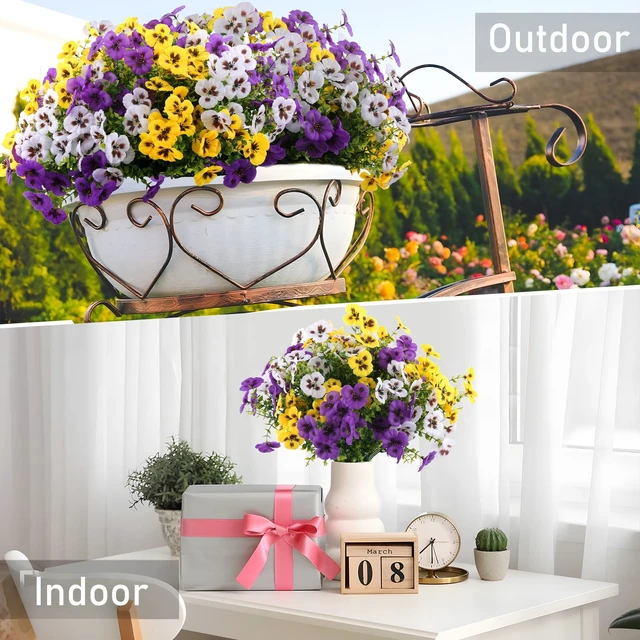 Alt view image 4 of 7 - 18 Pcs Artificial Fake Pansy Flowers for Outdoor, Faux Silk Pansies Spring Flowers for Outside for Planter Front Door Porch Yard Patio Window Box Home Decor (18, Purple, Yellow, White)