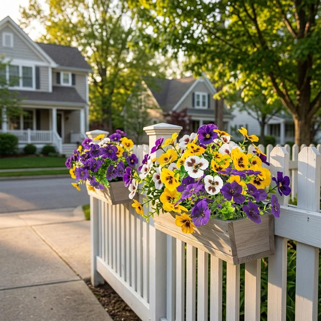 Alt view image 7 of 7 - 18 Pcs Artificial Fake Pansy Flowers for Outdoor, Faux Silk Pansies Spring Flowers for Outside for Planter Front Door Porch Yard Patio Window Box Home Decor (18, Purple, Yellow, White)
