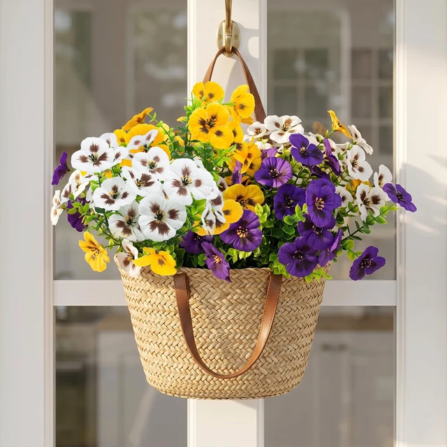 Alt view image 5 of 7 - 18 Pcs Artificial Fake Pansy Flowers for Outdoor, Faux Silk Pansies Spring Flowers for Outside for Planter Front Door Porch Yard Patio Window Box Home Decor (18, Purple, Yellow, White)