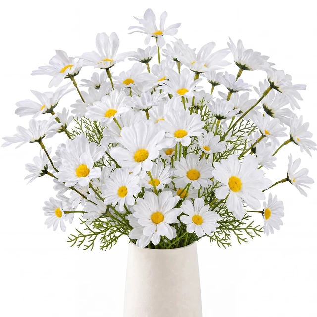 Main image of 8 Bundles Artificial Daisy Flowers Artificial Silk Fake Flowers | White 40 Heads UV Resistant Outdoor Fake Wildflowers with Stems Faux Greenery Shrubs Plants for Home Garden Vase Decor