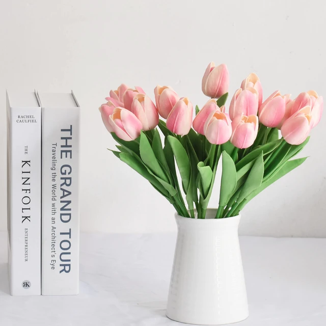 Alt view image 2 of 6 - 20pcs Artificial Tulips Flowers Fake Faux PU Tulip Bouquet Real Touch Flower Arrangement for Home Room Office Party Wedding Decoration Excellent Gift Idea for Mothers Day (Pink)