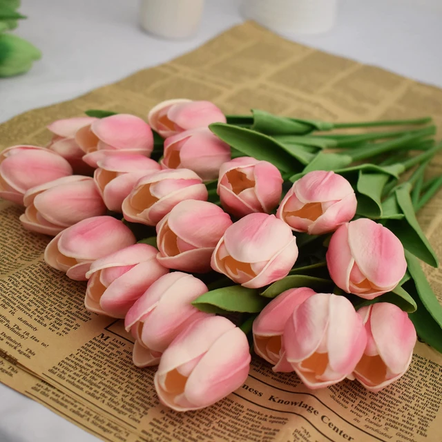 Alt view image 6 of 6 - 20pcs Artificial Tulips Flowers Fake Faux PU Tulip Bouquet Real Touch Flower Arrangement for Home Room Office Party Wedding Decoration Excellent Gift Idea for Mothers Day (Pink)