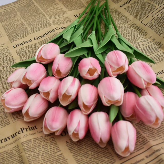 Alt view image 3 of 6 - 20pcs Artificial Tulips Flowers Fake Faux PU Tulip Bouquet Real Touch Flower Arrangement for Home Room Office Party Wedding Decoration Excellent Gift Idea for Mothers Day (Pink)