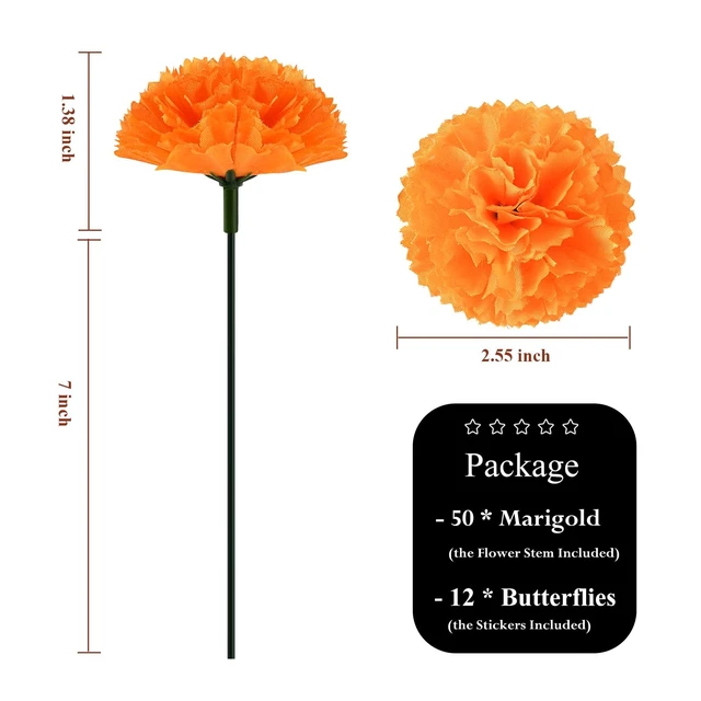 Alt view image 2 of 7 - Marigold Heads Bulk and 12 Monarch Butterfly for Dia De Los Muertos Diwali Decorations for Home Wreath Garland DIY Day of The Dead Altar Decor Orange
