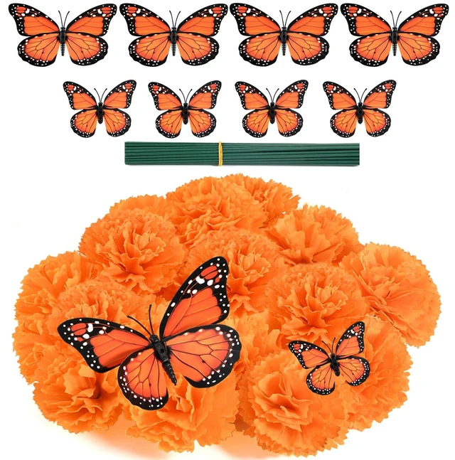 Main image of Marigold Heads Bulk and 12 Monarch Butterfly for Dia De Los Muertos Diwali Decorations for Home Wreath Garland DIY Day of The Dead Altar Decor Orange